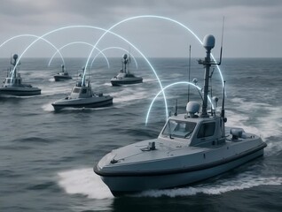 Autonomous naval vessels navigate the open sea in a coordinated formation. Glowing arcs symbolize advanced communication and network capabilities.
