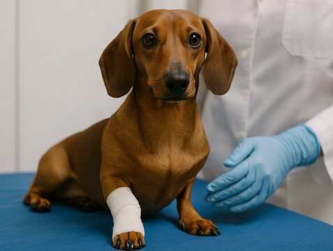 A cute dachshund dog receives gentle care at the veterinary clinic. Its bandaged paw suggests a recent injury or medical treatment.