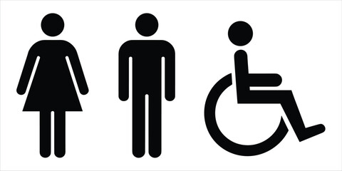 Black icons of female male and disabled person for restroom on white background toilet gender © MDBENJIR