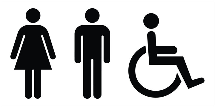 Black icons of female male and disabled person for restroom on white background toilet gender