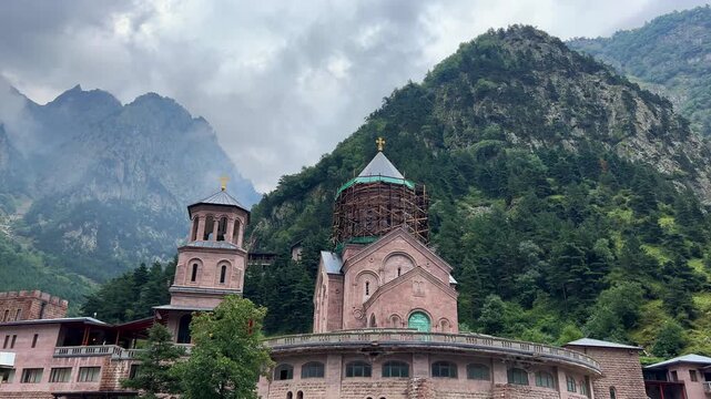 Daryal Monastery of the Archangels Michael and Gabriel in the Gorge of Georgia, a church near Verkhny Lars. The Georgian Military Highway. A monastery complex in the Mtskheta region. 4К