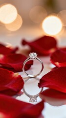 A brilliant diamond solitaire engagement ring elegantly rests on a reflective surface, surrounded by a delicate scattering of vibrant red rose petals. Soft, warm bokeh lights create a luxurious and ro