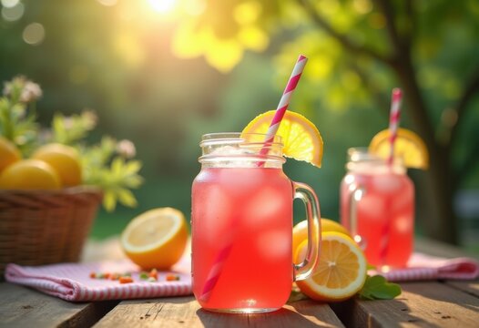 Charming Mason Jar filled with Pink Lemonade and Straw Set Against Lush Backyard Picnic Setting