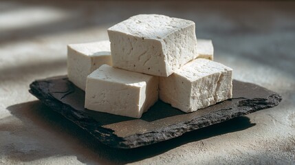 Tofu breakfast protein on stone plate, soft shadows, minimalist zen mood