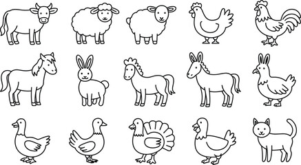 Fototapeta premium Collection of Hand- Drawn Outline Farm Animals and Pets Keywords: farm animals, pets, animals, cow, sheep, lamb, chicken