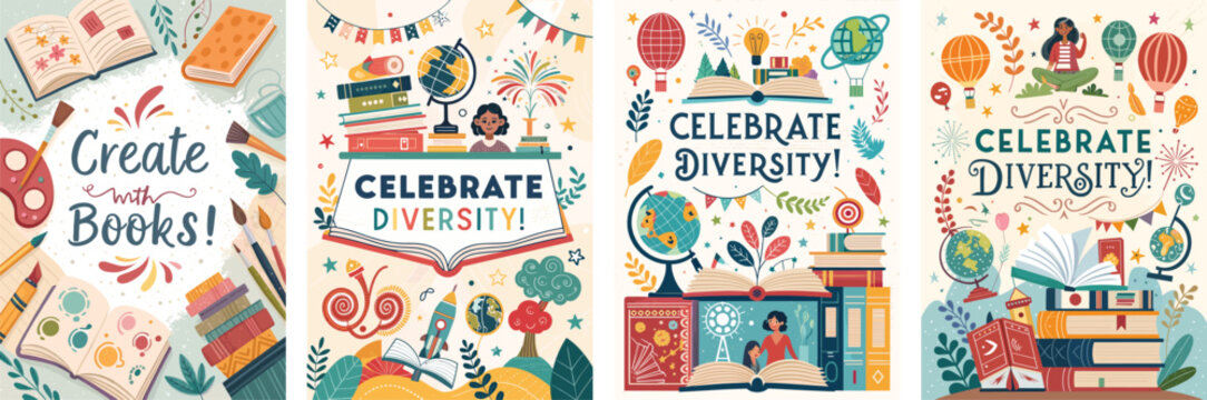 Creative diverse book fair posters celebrating reading and imagination for all - Powered by Adobe