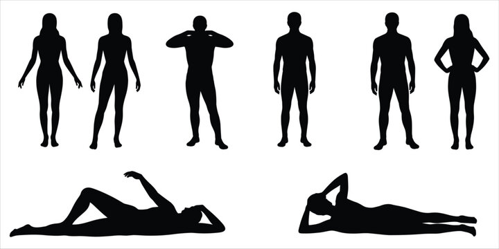 Collection of Male and Female Silhouettes in Various Poses on White Background Keywords: man, woman, male, female, silhouette