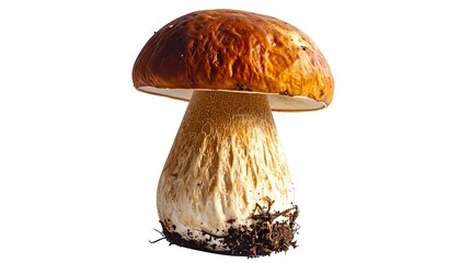 A single, fresh porcini mushroom with a thick stem and brown cap, isolated on a white background.