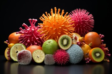 Colorful virus models surrounded by fresh fruits representing immune system defense and healthy nutrition