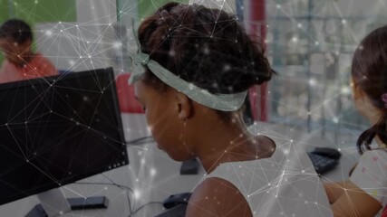 Animation of network of connections over diverse students using computers - Powered by Adobe