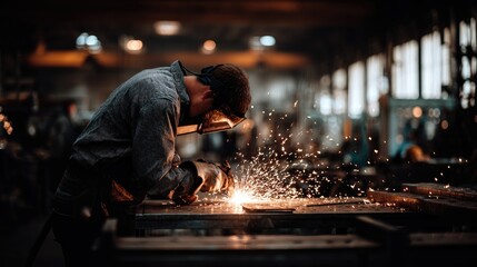 Metalworker welding metal with sparks in industrial workshop environment