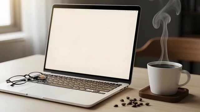 Laptop on a wooden desk with a cup of coffee and glasses nearby indoors.