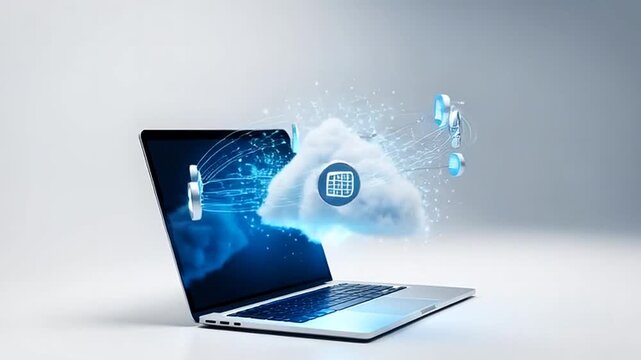 Laptop displays cloud computing concept with icons floating above it on screen.