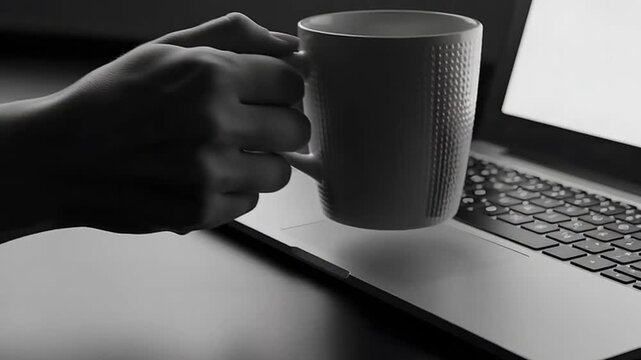 A dark coffee mug sits next to a laptop on a desk indoors.