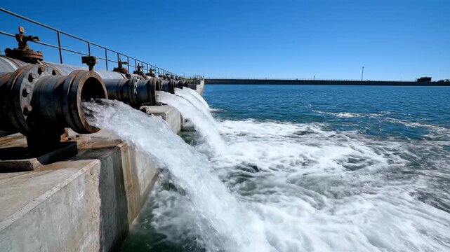 Water Flowing from Large Pipes Into Body Of Water Against Clear Blue Sky