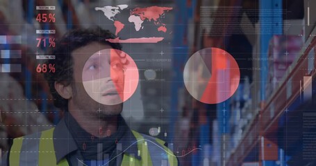 Animation of statistical data processing over caucasian male worker checking stock at warehouse - Powered by Adobe