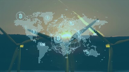 Animation of bitcoin symbols and world map over wind turbines - Powered by Adobe