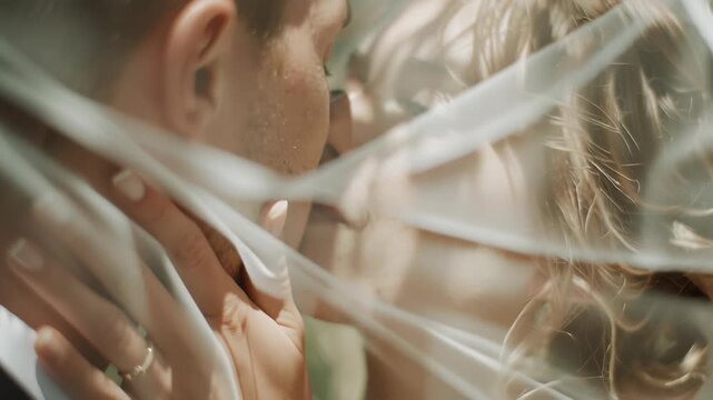 A bride and groom are embracing each other in a field. The bride is wearing a white dress. Cinematic elopement wedding moment, subtle emotions, natural color palette, poetic visual tone style