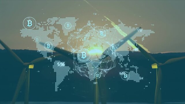 Animation of bitcoin symbols and world map over wind turbines