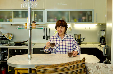 Elderly woman placing coffee cups on table with gentle smile, soft kitchen lighting, calm anticipation, home comfort, family breakfast, welcoming atmosphere, quiet joy of hosting.