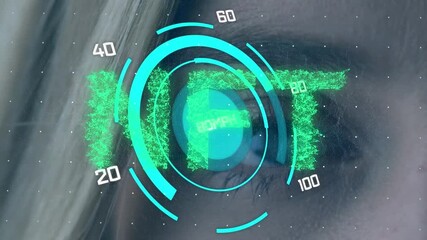 Animation of data processing and nft text over eye - Powered by Adobe