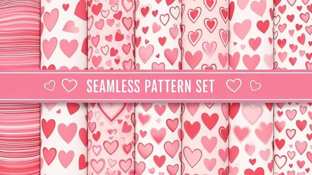 The seamless pattern set features various pink and red heart designs on white backgrounds.