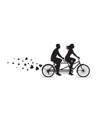 Naklejka premium Silhouette of a couple riding a tandem bicycle with hearts, symbolizing love and romance.