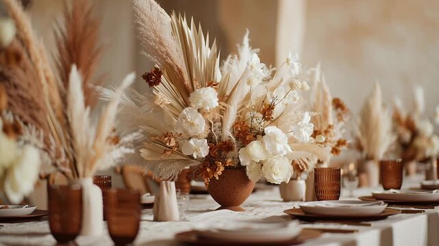 A table with a vase of flowers and a few cups. The table setting is elegant. Eco conscious wedding decor, simple handcrafted details, warm neutral tones, sustainable uncluttered scene
