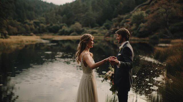 A bride and groom stand by a lake, holding hands. The scene is serene and romantic. Editorial elopement wedding style, calm luxury, natural simplicity, elopement intimate cinematic framing