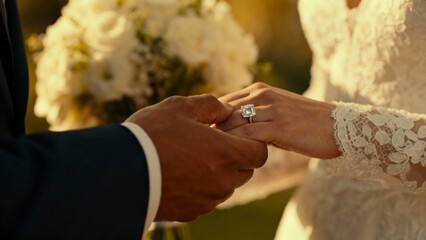 A romantic close-up captures hands intertwined, showcasing a sparkling square-cut diamond ring on a finger with delicate lace. Bathed in warm golden light and a soft floral background, this image conv