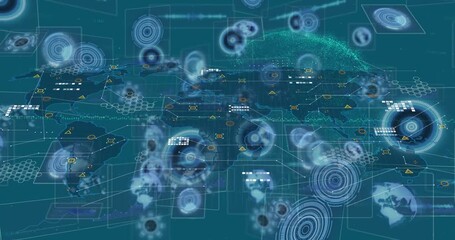 Animation of world map with data processing over network of connections with icons - Powered by Adobe