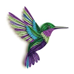 Obraz premium Hummingbird Flight: Vibrant Paper Quilling Art, Green & Purple, Detailed Wings, Isolated White Background