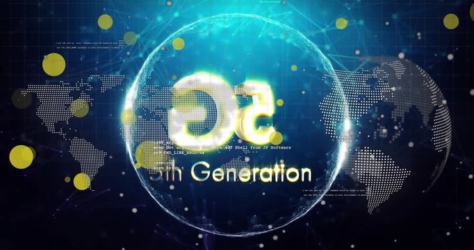 Animation of 5th generation and globe over world map and black background