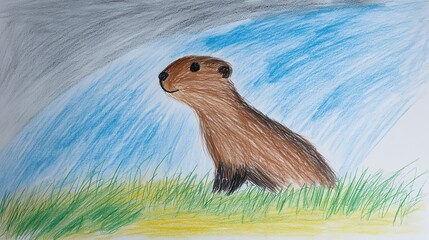 Pencil crayon drawing of a marmot