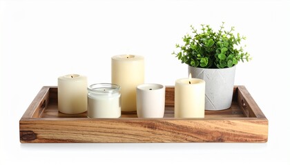   
Wooden Tray with Lit Candles, Ceramic Cup, and Monstera Leaf on White Background