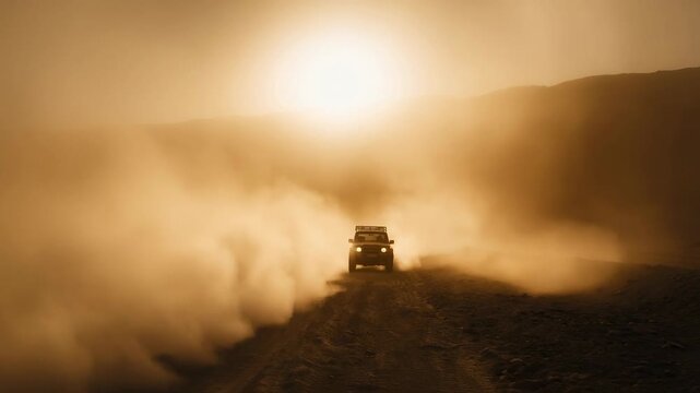 Military convoy crossing deserted wasteland concept. Defense convoy moving across rugged arid terrain amid haze.
