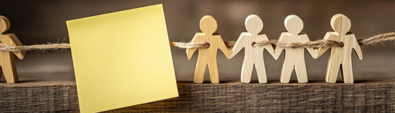 A row of wooden figurines holding hands on a string, with a blank yellow sticky note in the foreground on a wooden surface, human resource management