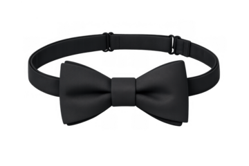 Pre-tied black bow tie, an adjustable neck accessory for men's formal wear, isolated with a transparent background