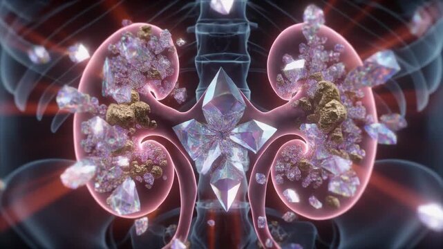 3D illustration of human kidneys with kidney stones, visual concept of painful kidney disease and urinary tract issues