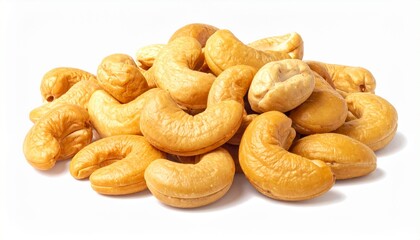 Golden Roasted Cashew Nuts on White Background