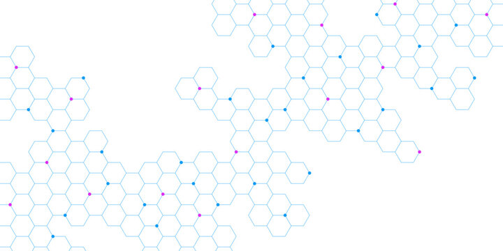Abstract science and innovation technology design with hexagons pattern and dots on white background. Suitable for molecular structure and chemical engineering concept. Vector
