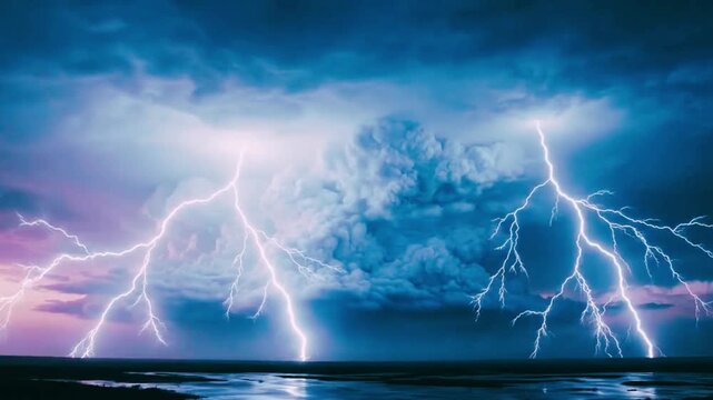 Intense electrical storm illuminates massive dark cumulonimbus cloud structure over a vast dark horizon during twilight hours