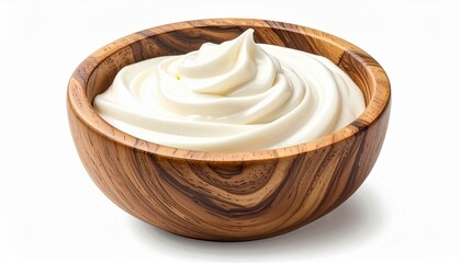 Rustic Wooden Bowl with Thick White Yogurt or Sour Cream