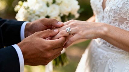 A tender close-up moment captures the placing of an exquisite engagement ring onto a hand, adorned with a delicate white lace garment. The radiant, square-cut diamond, surrounded by smaller brilliant 