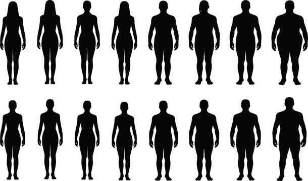Silhouettes of men and women displaying a range of body types from slim to overweight people