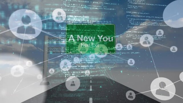 Animation of network of connections with icons over green road sign