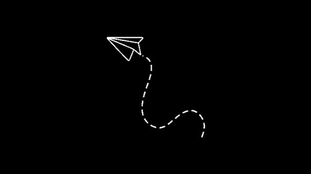 A minimalist white line-art paper plane flying along a dashed path on a black background, symbolizing travel, creativity, and the journey of a startup.
