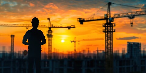 Construction Worker Silhouette at Sunset with Cranes