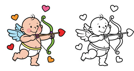 Cute cartoon Cupid with bow and arrow vector illustration set with hearts in color and black and white outline for coloring book isolated on white background.