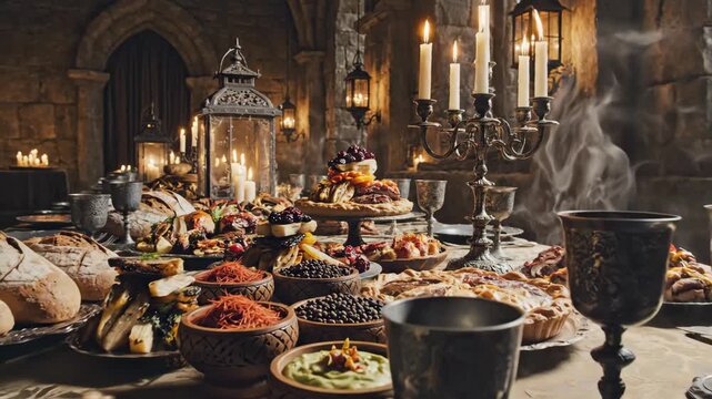 Sumptuous Feast Displayed on Long Table in Stone Medieval Hall Lit by Candelabra and Lanterns with Abundant Breads Roasted Poultry and Ornate Goblets Creating Warm and